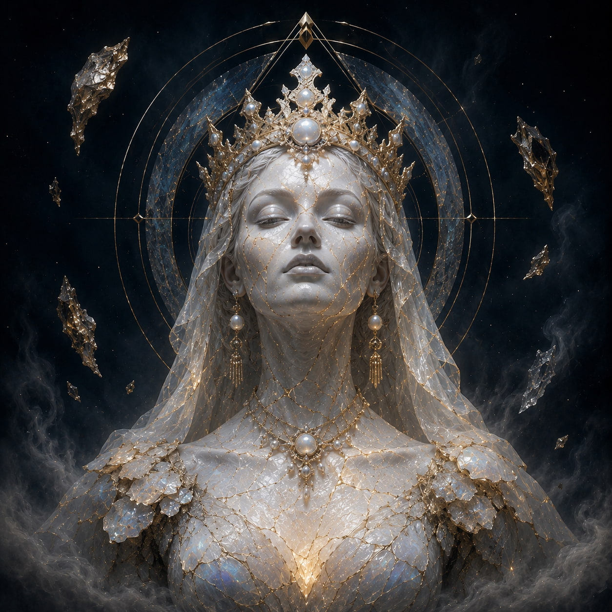 The Last Empress of Light, a sovereign relic of the final luminous dynasty, crowned in opal, gold and sacred silence.